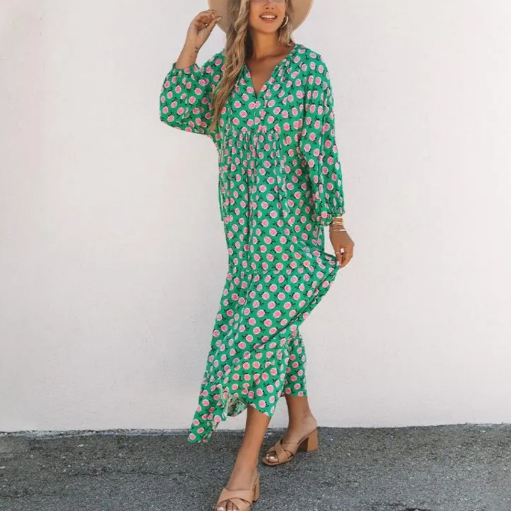 LIKE NEW Green 3/4 Sleeve Pink Floral Tiered Maxi Dress Size Small